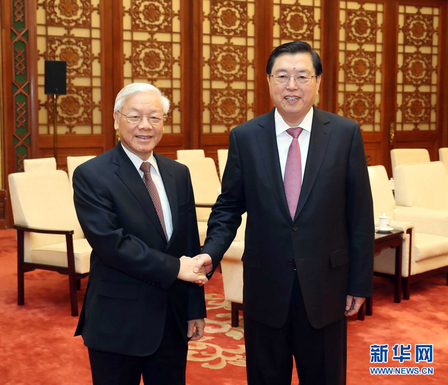 1月13日，中共中央政治局常委、全國人大常委會委員長張德江在北京人民大會堂會見越共中央總書記阮富仲。 新華社記者 劉衛(wèi)兵 攝