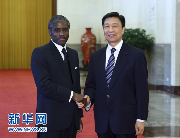 7月13日，中國(guó)國(guó)家副主席李源潮在北京人民大會(huì)堂與赤道幾內(nèi)亞副總統(tǒng)曼格會(huì)談。 新華社記者 謝環(huán)馳 攝
