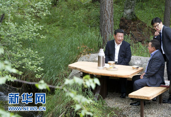 8月22日，國(guó)家主席習(xí)近平同蒙古國(guó)總統(tǒng)額勒貝格道爾吉在烏蘭巴托市郊的總統(tǒng)官邸再次會(huì)晤。這是習(xí)近平同額勒貝格道爾吉會(huì)晤后在溪畔飲茶。新華社記者 黃敬文 攝