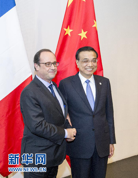 10月16日，中國國務(wù)院總理李克強在米蘭會見法國總統(tǒng)奧朗德。新華社記者 王曄 攝