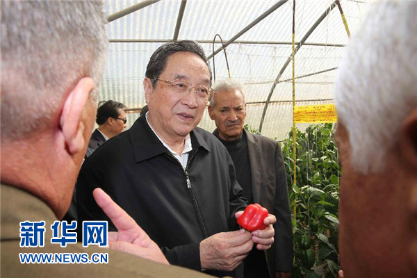 11月8日，正在約旦進(jìn)行正式友好訪問的全國政協(xié)主席俞正聲在約旦河谷參觀碩果農(nóng)業(yè)合作社。 新華社記者 劉衛(wèi)兵 攝 