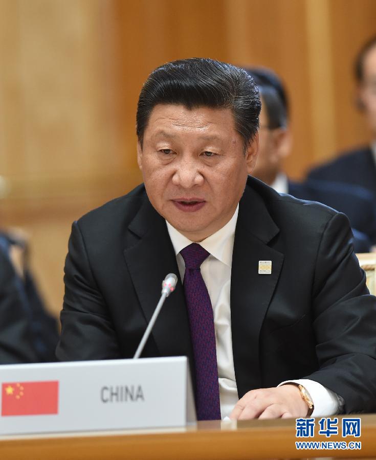 7月9日，金磚國家領導人第七次會晤在俄羅斯烏法舉行。中國國家主席習近平、俄羅斯總統(tǒng)普京、巴西總統(tǒng)羅塞夫、印度總理莫迪、南非總統(tǒng)祖馬出席。這是習近平發(fā)表題為《共建伙伴關系　共創(chuàng)美好未來》的主旨講話。新華社記者 饒愛民 攝 